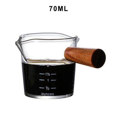 

Double Nozzle Espresso Shot Glass with Wooden Handle 70ML Double Spout Mini Measuring Cup Espresso Accessories for Making Milk Coffee or Sauce Dispenser