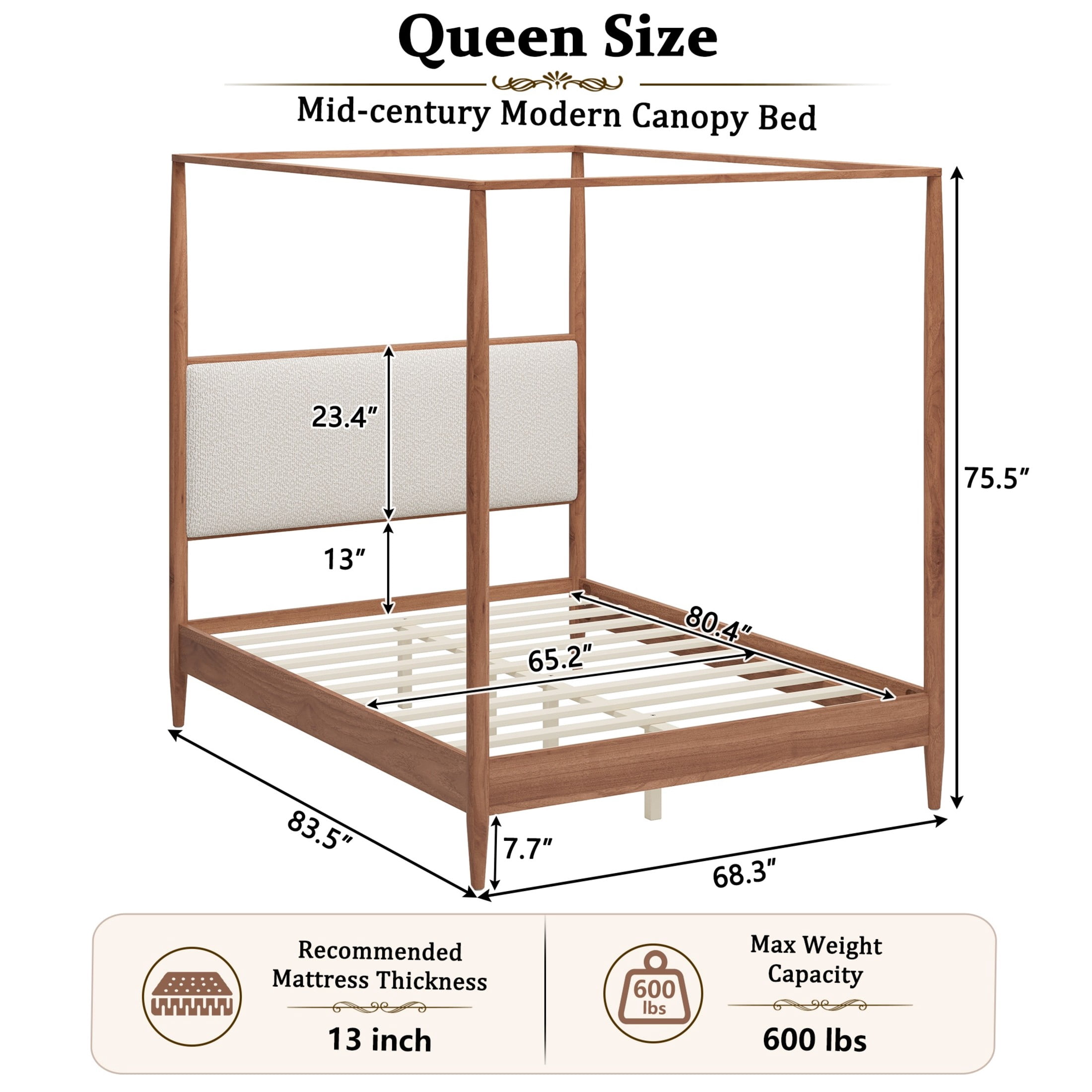 Christopher Knight Home Modern Queen Solid Wood Bed Frame with Boucle Upholstered Headboard, Walnut