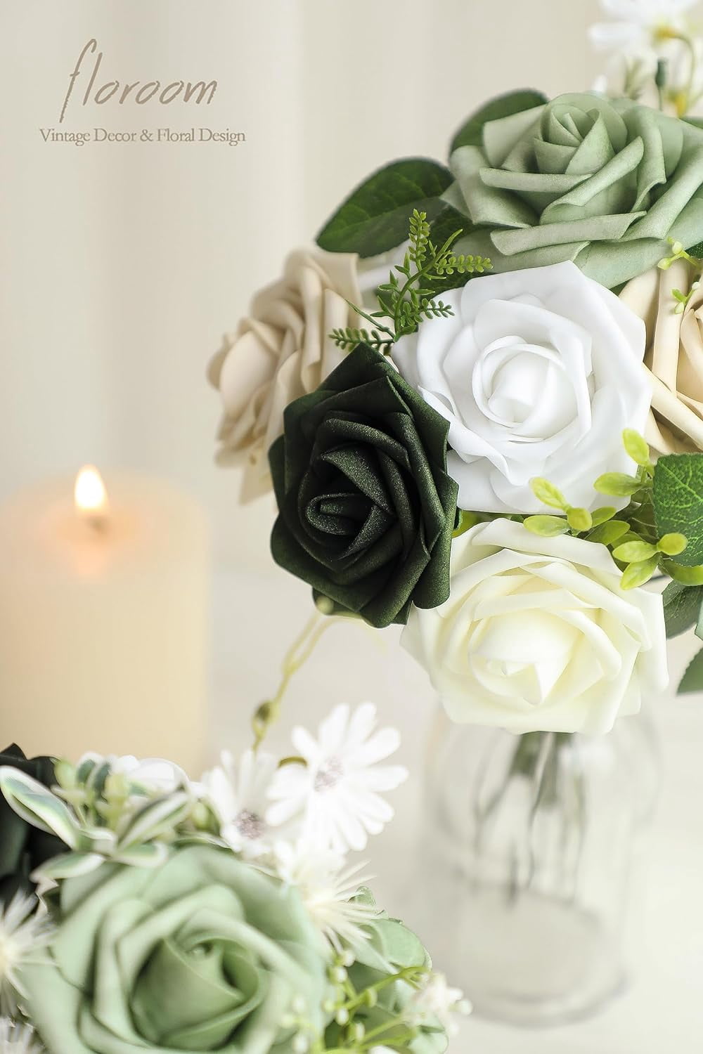 Artificial Flowers 25pcs Real Looking Emerald Green Ombre Colors Foam Fake Roses with Stems for DIY Wedding Bouquets Bridal Shower Centerpieces Sage Green Floral Arrangements Tables Decoration