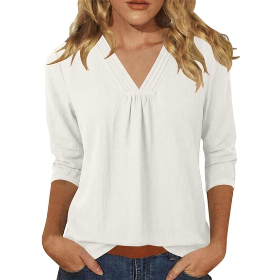 Cilsoka Shirts for Women Solid Pleated Shirts 3/4 Sleeve V Neck Casual Loose Blouses Trendy Beach Clothes