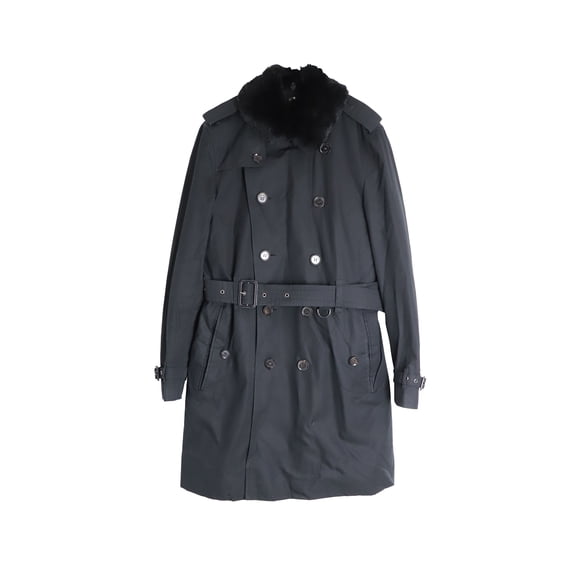 Pre-Owned Burberry Fur-Trimmed Collar Double-Breasted Trench Coat in Black Cotton