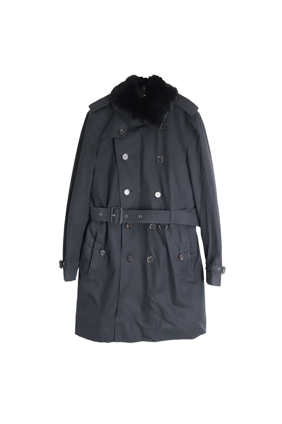 Pre-Owned Burberry Fur-Trimmed Collar Double-Breasted Trench Coat in Black Cotton