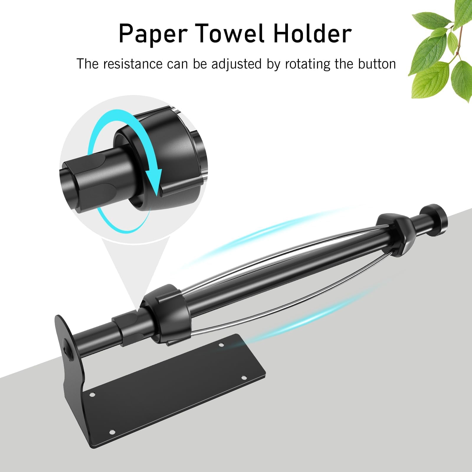 Single-Hand Paper Towel Holder Under Cabinet with Adjustable Damper, Easy Tear, Wall Mount or Self-Adhesive, Black