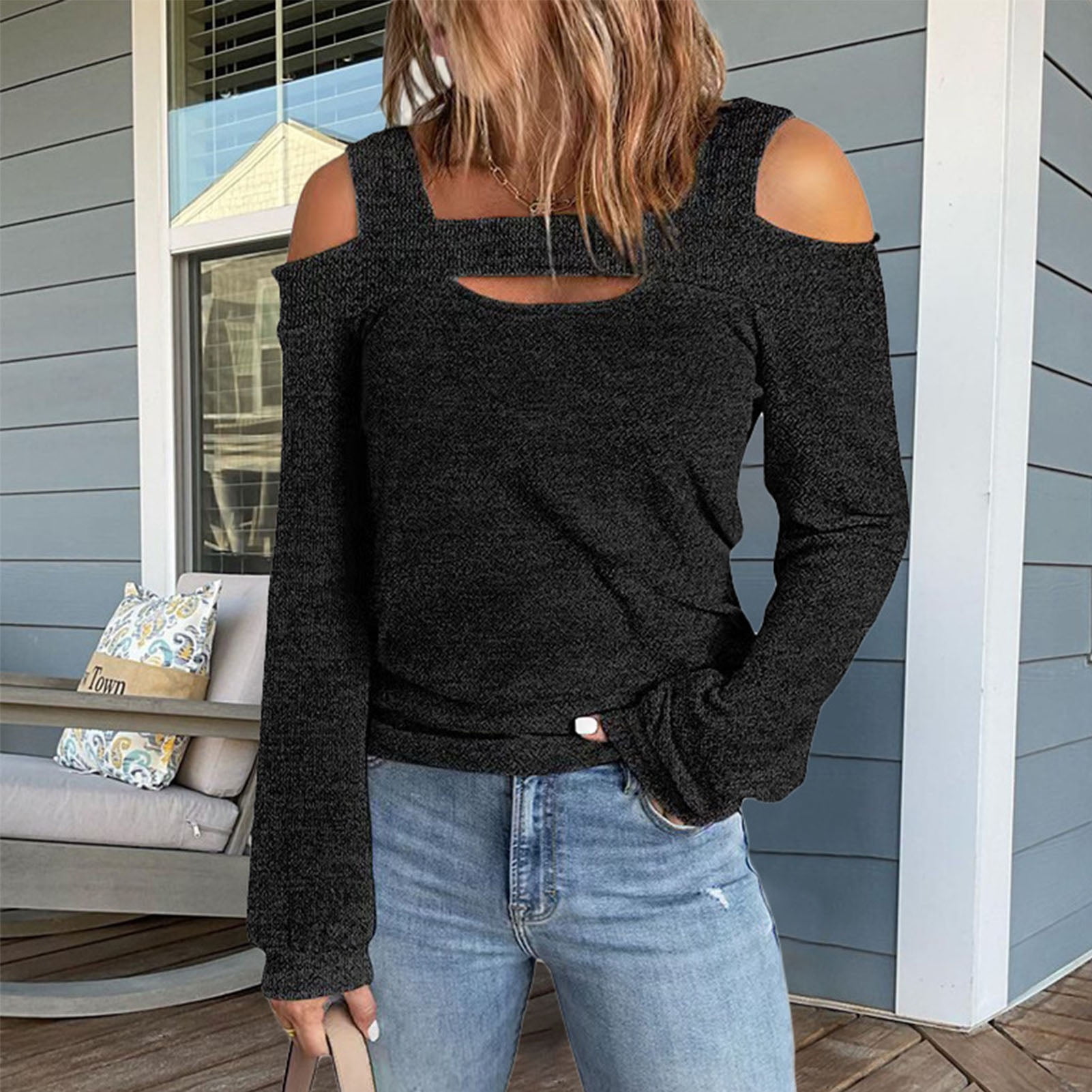 Women Casual Cold Shoulder Long Sleeve Top Cut Out Design Loose Fit Pure Color Shirt Sexy Plain Top Off Shoulder Jumper Pullover Top Walmart
