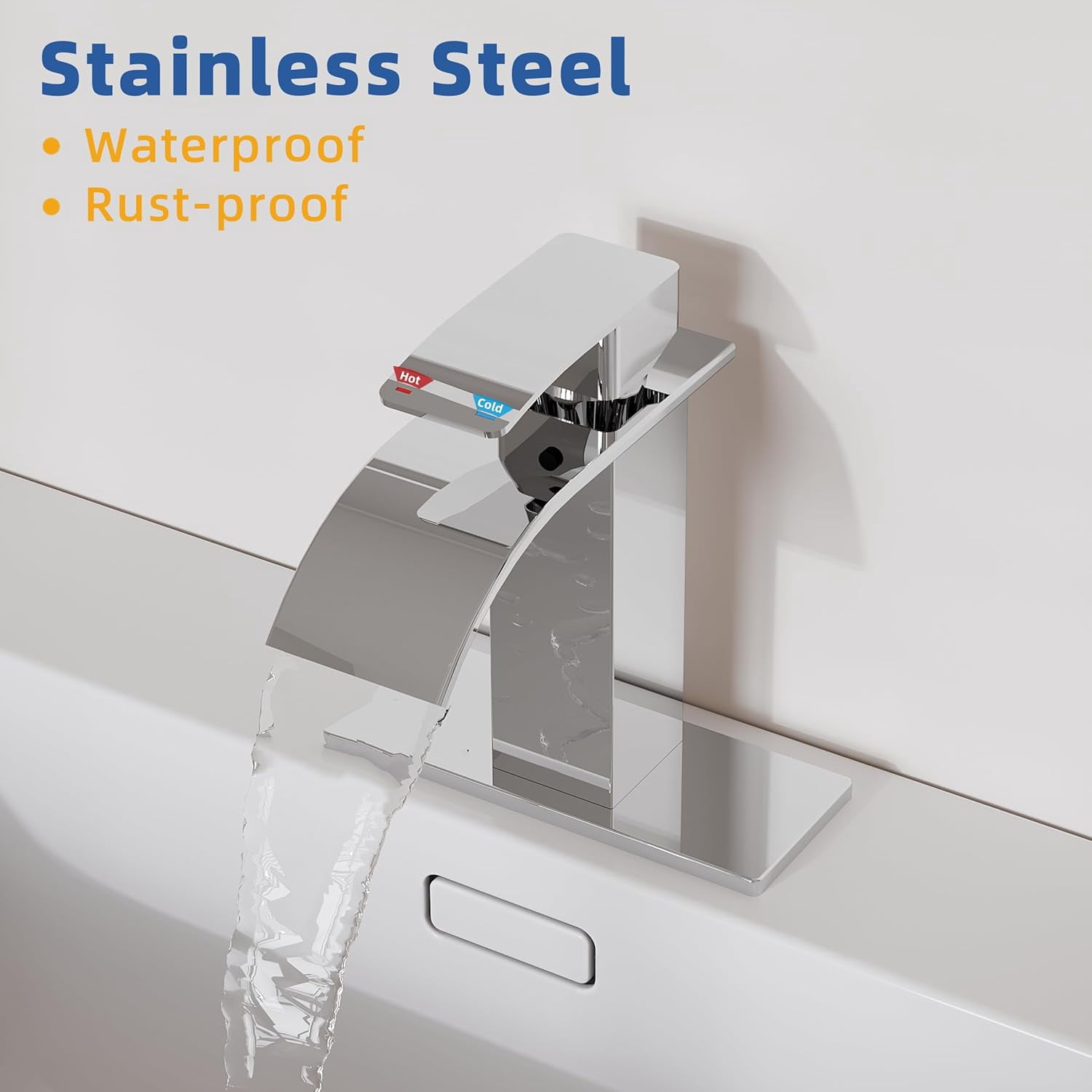 RUACQ Waterfall Bathroom Faucet,Single Handle Bathroom Sink Faucets for 1 or 3 Hole, Stainless Steel Washbasin Mixer Tap with Deck,Pop-up Drain and Supply Hoses (Chrome)