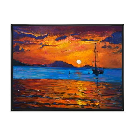 Designart 'Boat At The Lake During Evening Glow IX' Nautical & Coastal Framed Canvas Wall Art Print