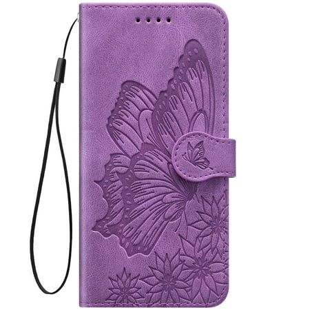 Hpory Huawei P20 Lite Purple Vintage Pattern Large Butterfly Embossed Leather Case with Lanyard