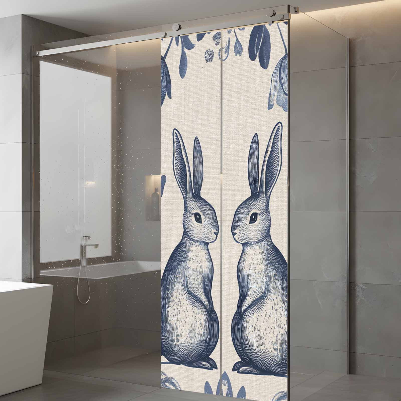 Easter Rabbits Window Privacy Film, Cute Blue Bunny Watercolor Boho Floral Leaf Linen Texture Frosted Glass Window Clings Static Cling UV Heat Blocking Reusable Sticker for Bedroom 29.5x78.7 Inch