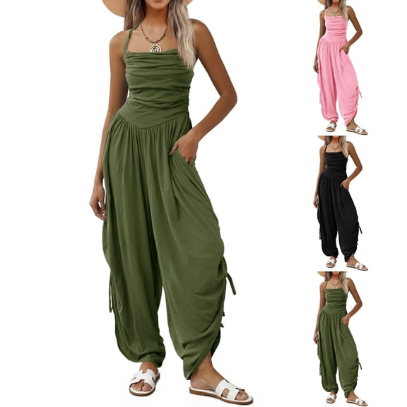 Womens Casual Jumpsuits Summer Halter Straps Sleeveless Overalls Ruched Barrel Wide Leg Side-Cinch Long Pant Rompers Spring Summer & Autumn Trendy Vacation Womens Suits Black L