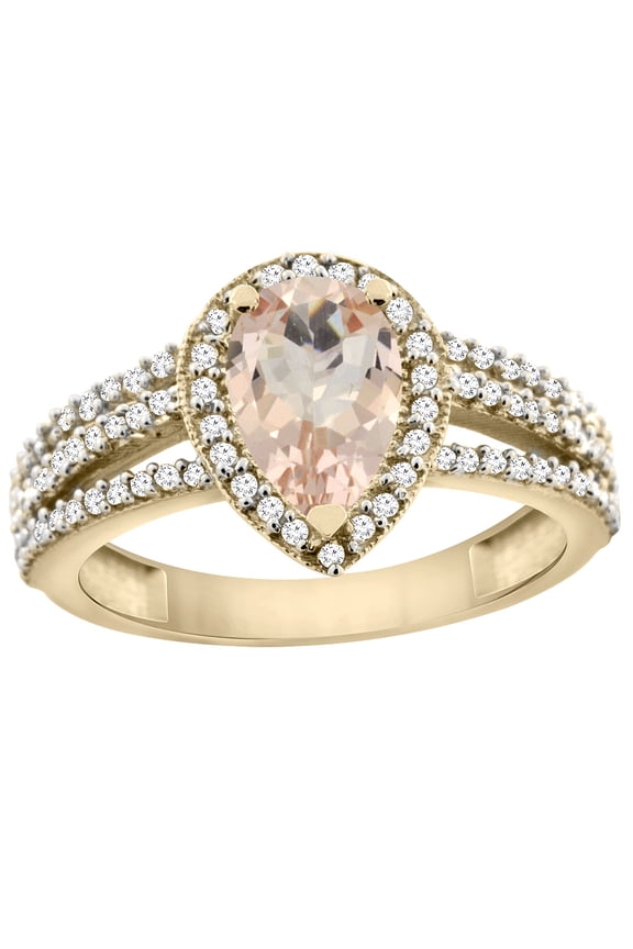 14K Yellow Gold Natural Morganite Ring 9x7 Pear Halo Diamond, size 8.5