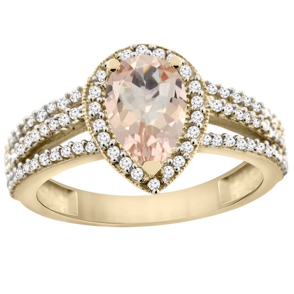 14K Yellow Gold Natural Morganite Ring 9x7 Pear Halo Diamond, size 5