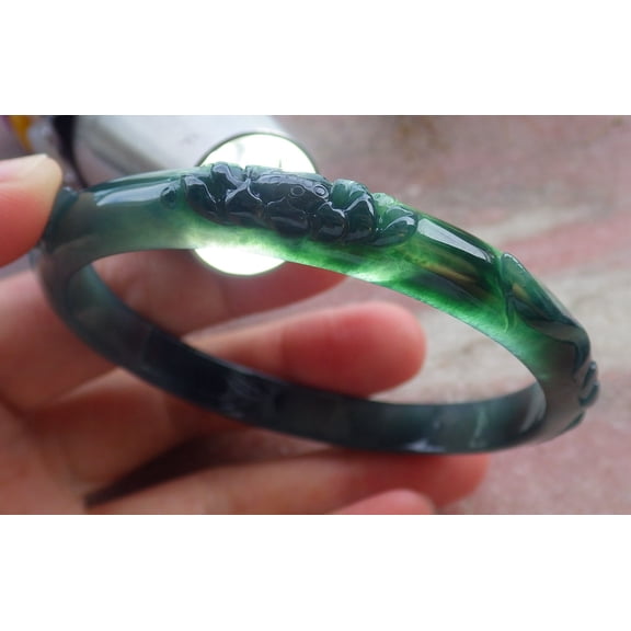 Certified Icy Green Burma 100% Natural A JADE Jadeite Fish Flower Bangle Bracelet 60 mm 666264 TN