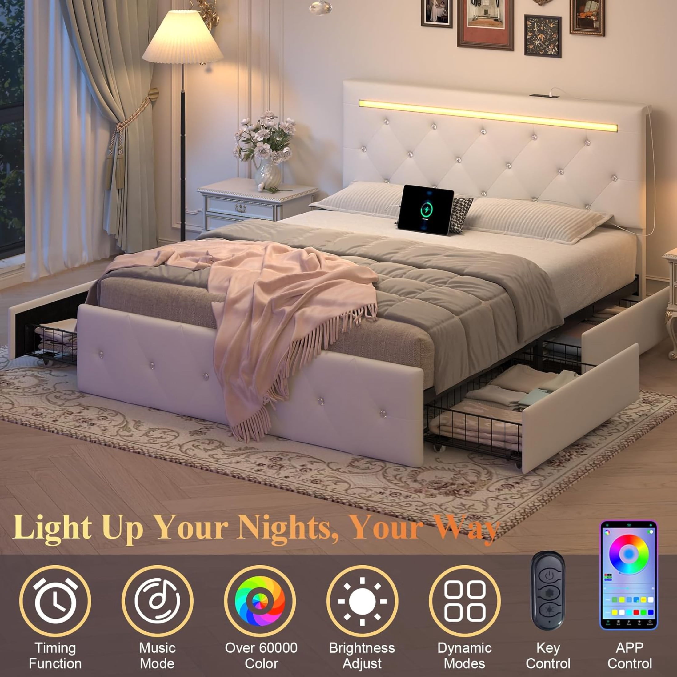 Noble House Quinci Full Bed Frame with LED Light and Adjustable Headboard, Storage Drawers & Charging Station, White