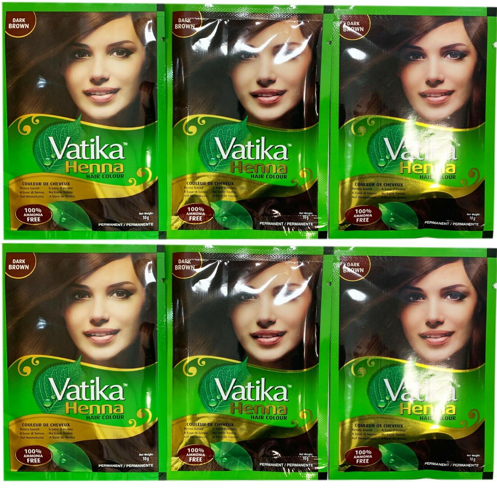 6 x 10g Sachets DARK BROWN Vatika Henna Hair Color Dye Powder 