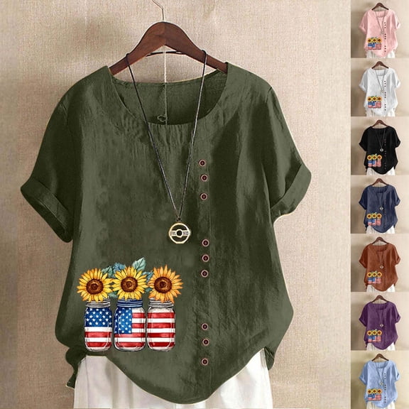lcziwo Womens Shirts Plus Size Linen 250th Short Sleeve Shirts 4Th Of July Stars and Stripes Print Casual Crew Neck T Shirt White XXXXXL
