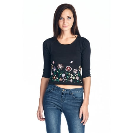 Embroidered Golf Sweater - Urban Love Floral Embroidered Tie-Back Crop Sweater