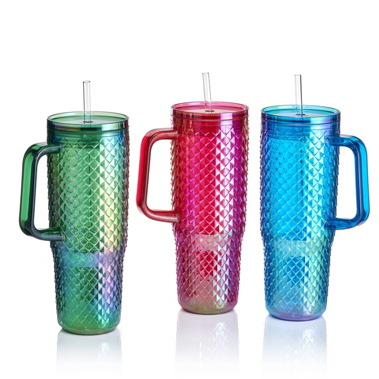 Mainstays 30oz Textured Tumbler with Straw and Handle, Diamond Iridescent  Blue, 30oz, Plastic Double Wall Insulated - Walmart.com
