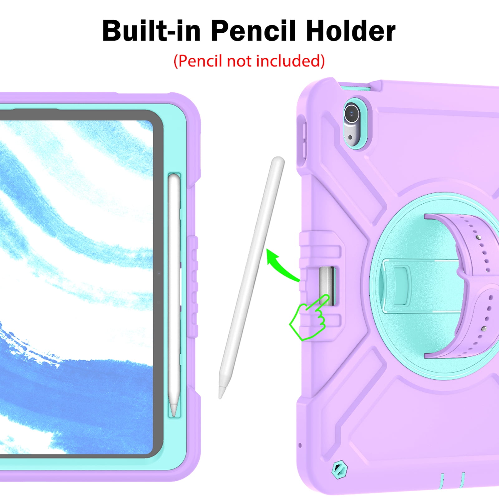 Military Grade Case for Apple iPad Air 11 inch 2024,Shoulder Strap Shockproof iPad Case with Pencil Holder 360 Rotating Hand Strap+Kicstand Rugged Siicone and Hard PC Case,Purplegreen