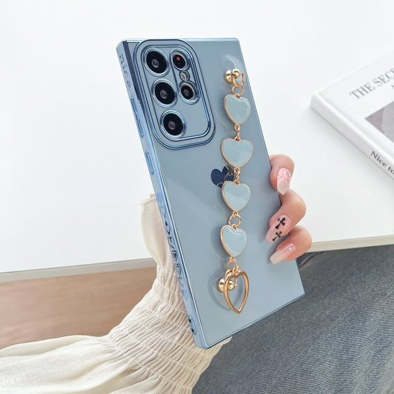 Electroplated Hearts Pattern Case for Samsung Galaxy S20 FE, Soft TPU Shockproof Anti-Drop Protective Case with Hearts Chain Strap Bracelet Phone Cover for Samsung Galaxy S20 FE,Blue