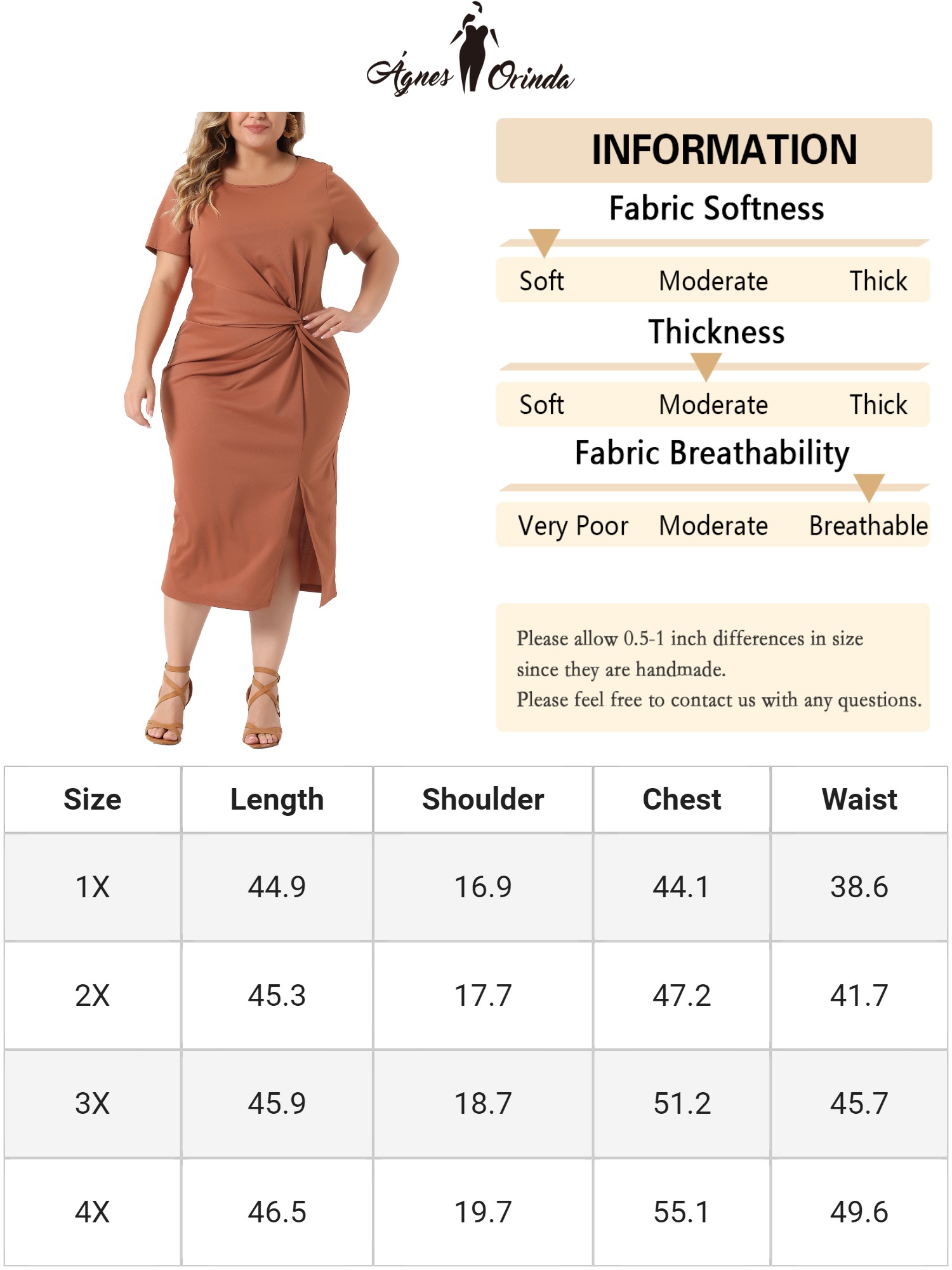 DARING DIVA Women's Plus Size Knot Front Short Sleeve Side Split Dresses 2X Orange