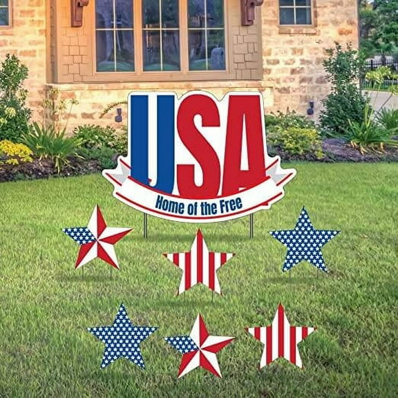 USA, Home of The Free Yard Sign With Stars - 4th of July Red, White and Blue Yard Decorations