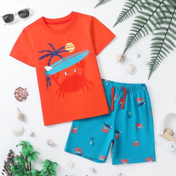 HILEELANG Toddler Boy Summer Short Clothes Sets Outfits Easter Cotton Orange Crab Shirts Shorts Playwear 2T