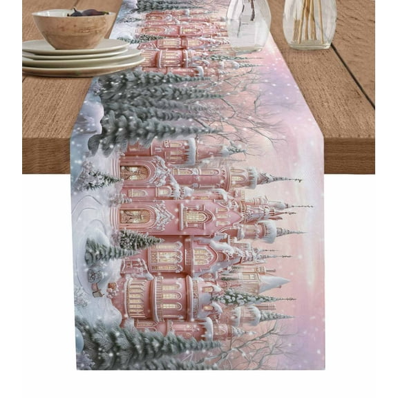 Ldtrchee Pink Christmas Table Runner 60 Inches, Winter Town Snowflake Xmas Tree Bed Runner Dresser Scarves Tabletop for Indoor Outdoor Parties/Ceremony/Banquet, 13" x 60"