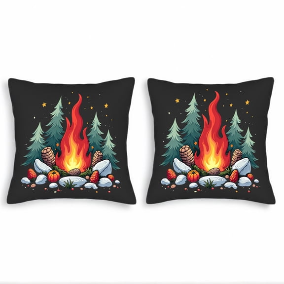 Set of 2 Throw Pillow Covers 18x18in - Cozy Camping Scene with Campfire Pine Trees & Fruits - Perfect for Couch Bed Car Decor