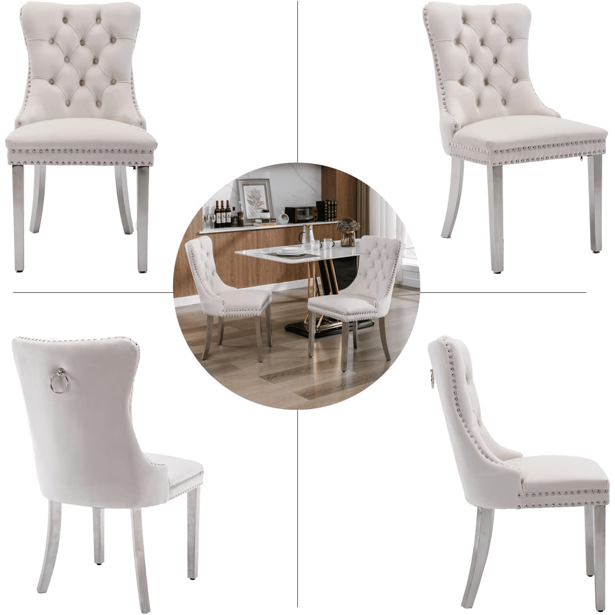 LegaHome Dining Chairs Set of 2, Modern Upholstered Velvet Dining Room Chairs with Nailhead Trim and Chrome Stainless Steel Plating Solid Wood Legs, Tufted Button Padded Chairs Set for Kitchen, Beige