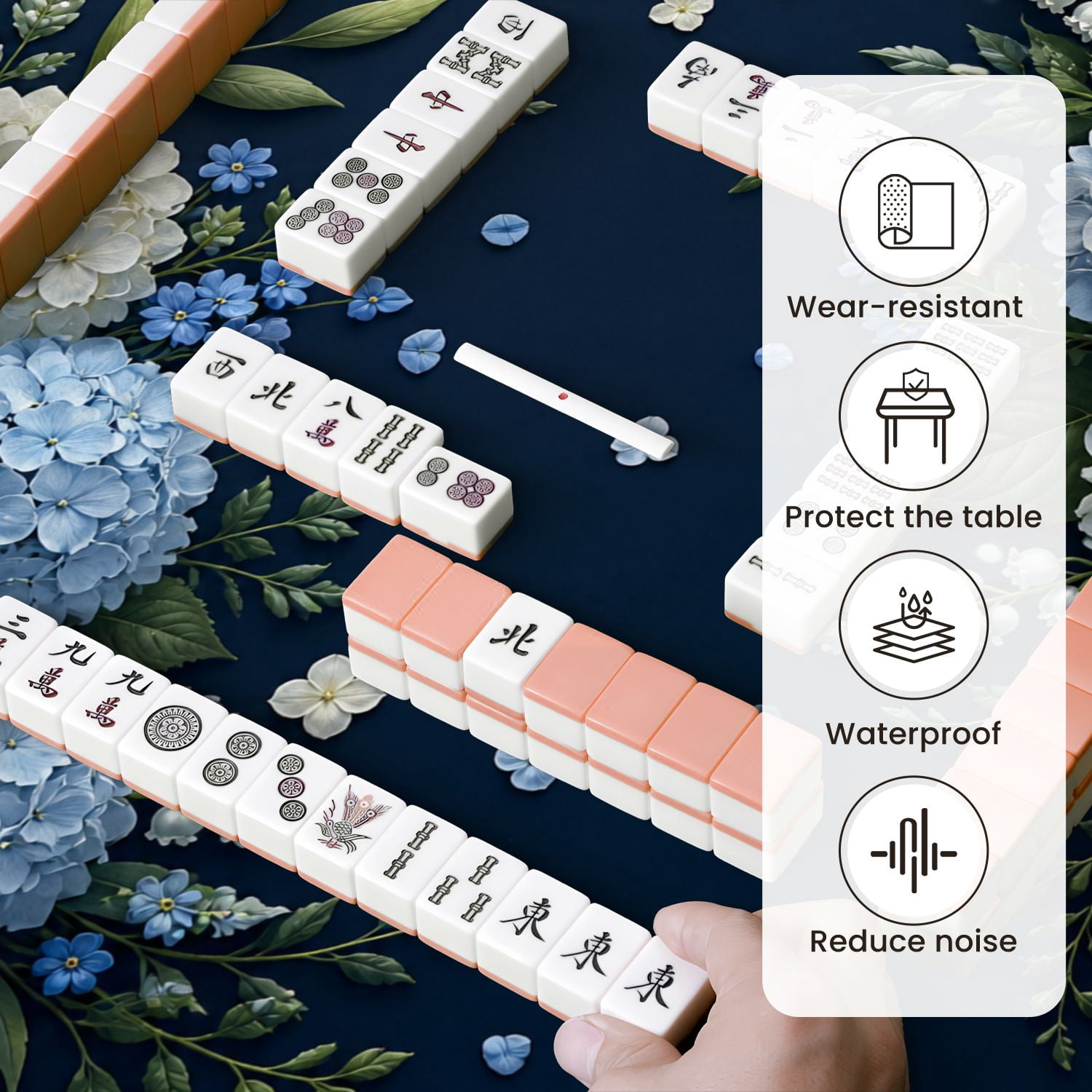 Mahjong Mat 31.5" x 31.5" Blue White Hydrangea Floral Green Leaves Dark Non-Slip Noise Reduction Mahjong Tiles Table Cover for Dominoes Poker Card Board and Tile Games