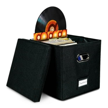 Vinyl Record Storage Box for up to 50  12-Inch Albums, Records Crate, LP Album Storage, Fabric Storage Boxes with Lids for Moving, Office, Closet, Home Organizer 13x13x13 (Black)