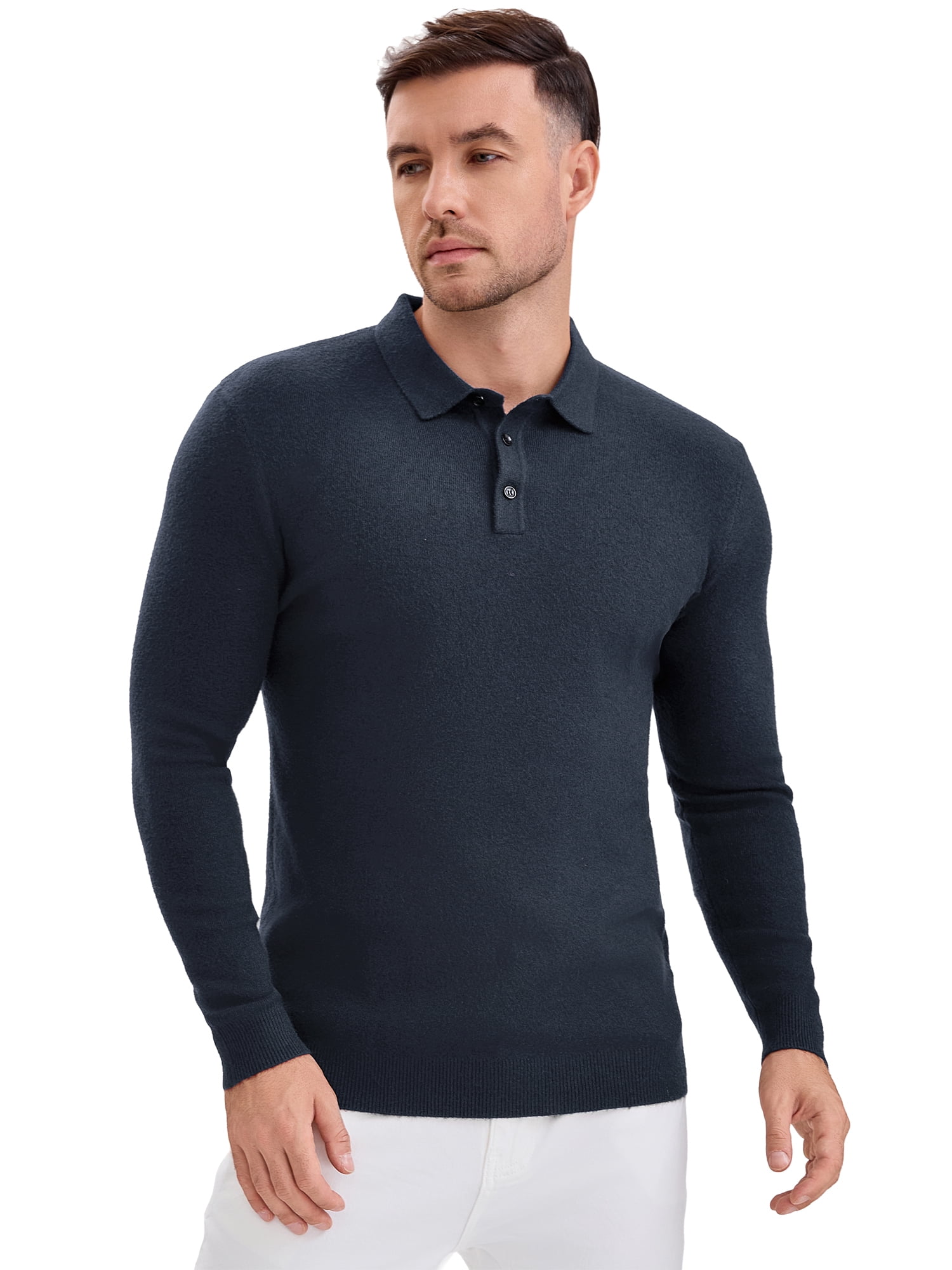 DARING DIVA Men's Long Sleeve Pullover Business Knitted Polo Shirt M Dark Blue