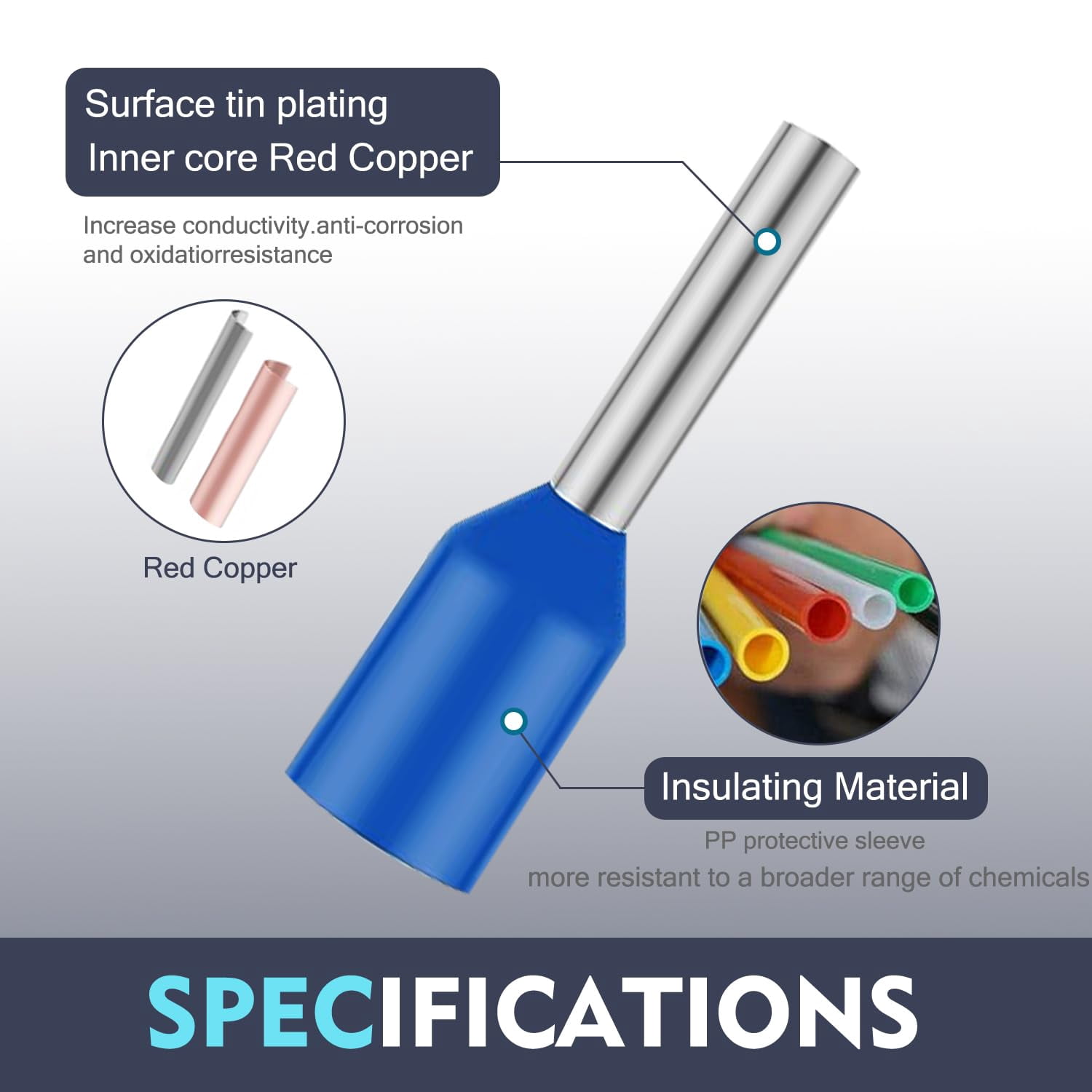 100 wire terminal connectors 14 (2.5²) wire 2508 terminal pure copper color blue insulation