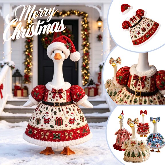 Suncoda Christmas Porch Goose Outfits, Goose Outfits Set with Dress Hat for Outdoor Christmas Decorations, Xmas Costume for 23 inch Backyard Statue