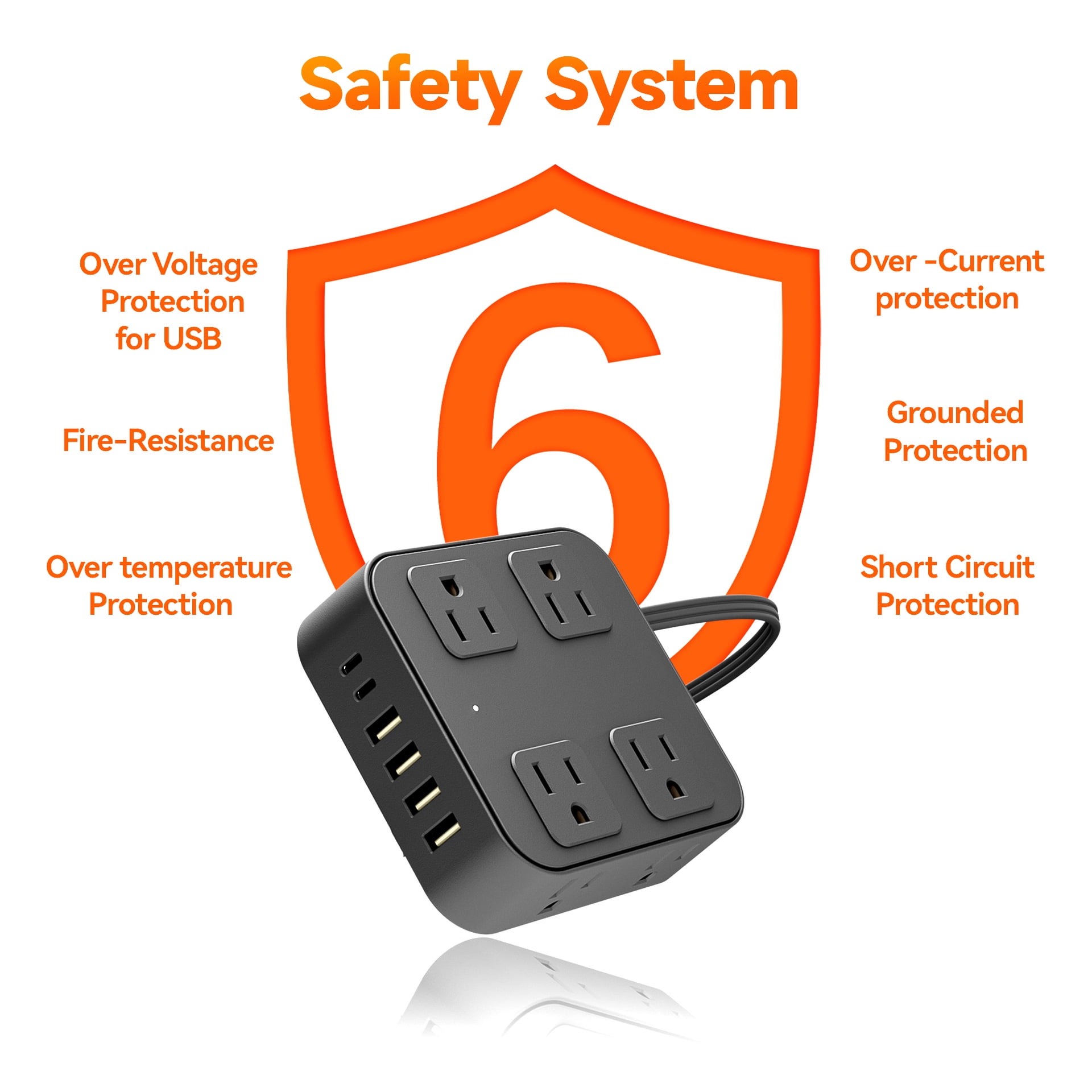 USB Charging Strip - 8 AC Outlets Extender 6 Fast-Charging USB Ports Heavy-Duty US Standard Socket with Extension Cable Multi-Device Charger Station for Office Home Travel（Black）