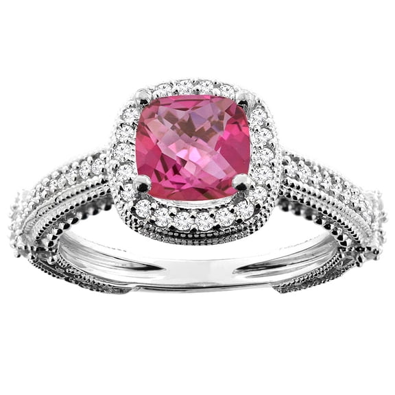 10K White Gold Natural Pink Topaz Ring Cushion 7x7mm Diamond Accent, size 5.5