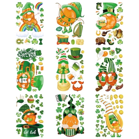 LIJCC St. Pat'S Day Creative Gnome Static Window Sticker,Irish Day Luckys Clovers Electrostatic Paste Window Glass Door Holy Pascals Day Decorative Window Paste Wall Stickers
