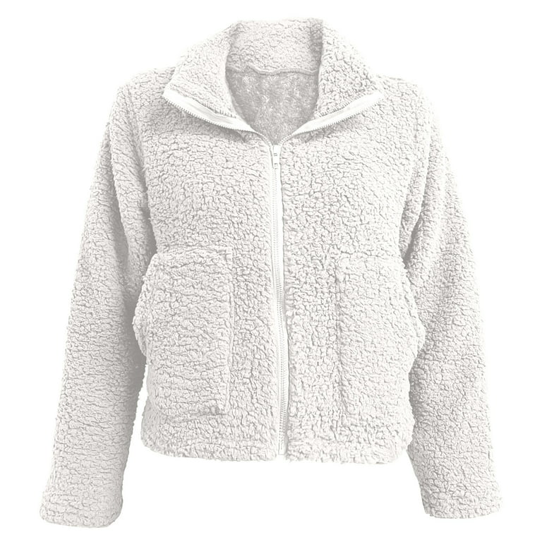 Women Winter Faux Fur Coat Soft Fluffy Fleece Cropped Jacket Long Sleeve  Warm Plush Outwear White L