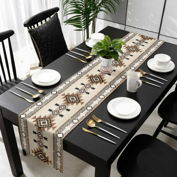 Brown Southwestern Cotton Linen Small Table Runner 13 x 36 inch Boho Ethnic Geometric Farmhouse Non-slip Rectangular Dining Table Decor for Wedding Party Holiday Dinner