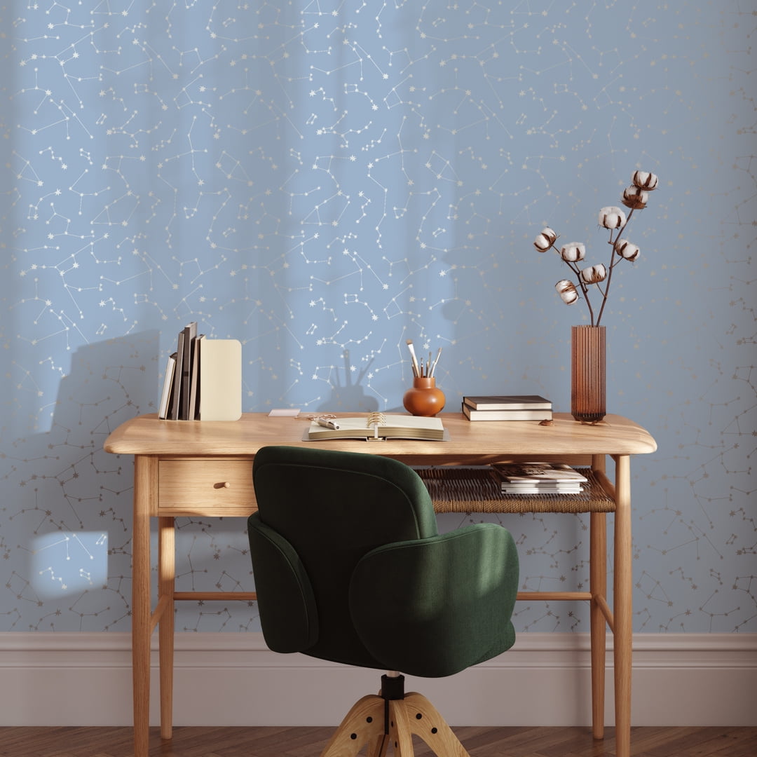Tempaper x Novogratz Blue & Metallic Silver Constellations Peel and Stick Wallpaper, 20.5" x 16.5'
