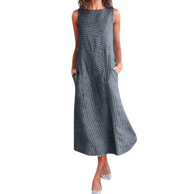 RKSTN Robes pour Femmes 2023 Décontracté à Rayures Imprimé Robe Sans Manches Col Rond Coton et Lin Poche Robe Maxi