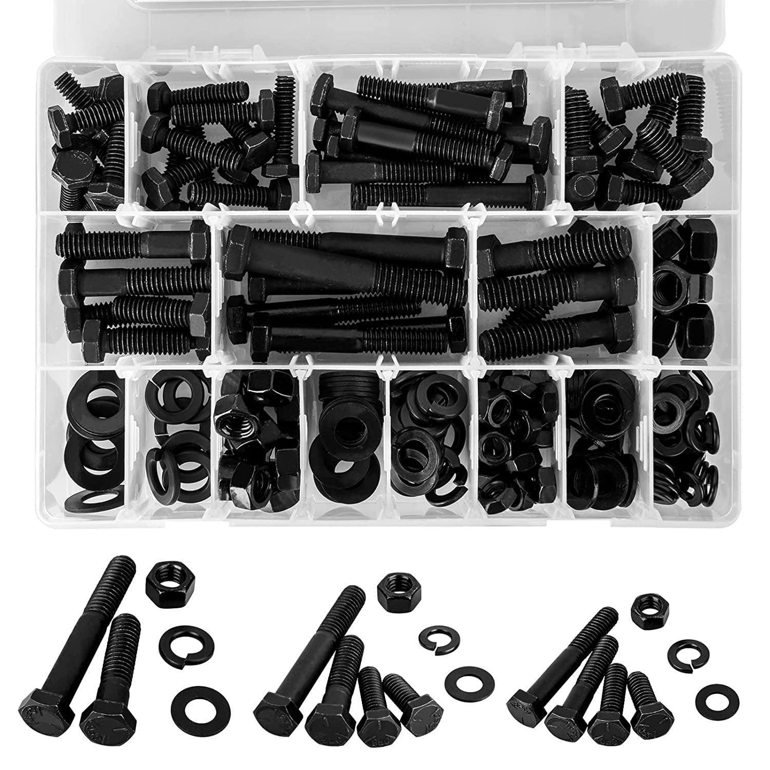 Hakkin 240Pcs Hex Bolts Nuts Carbon Washers Screws Assortment Kit, 3/8