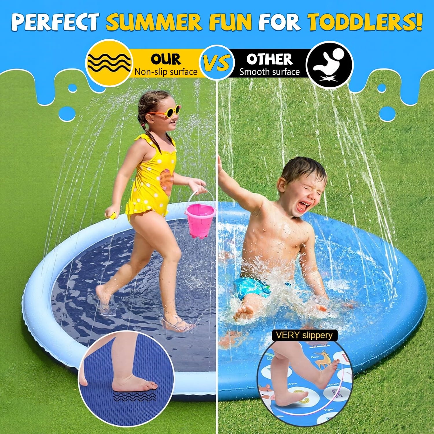 Merryhome Splash Pad for Kids 67 Inch, Non Slip Toddler Sprinkler Mat, BPA Free Outdoor Water Play Toy for Backyard and Lawn