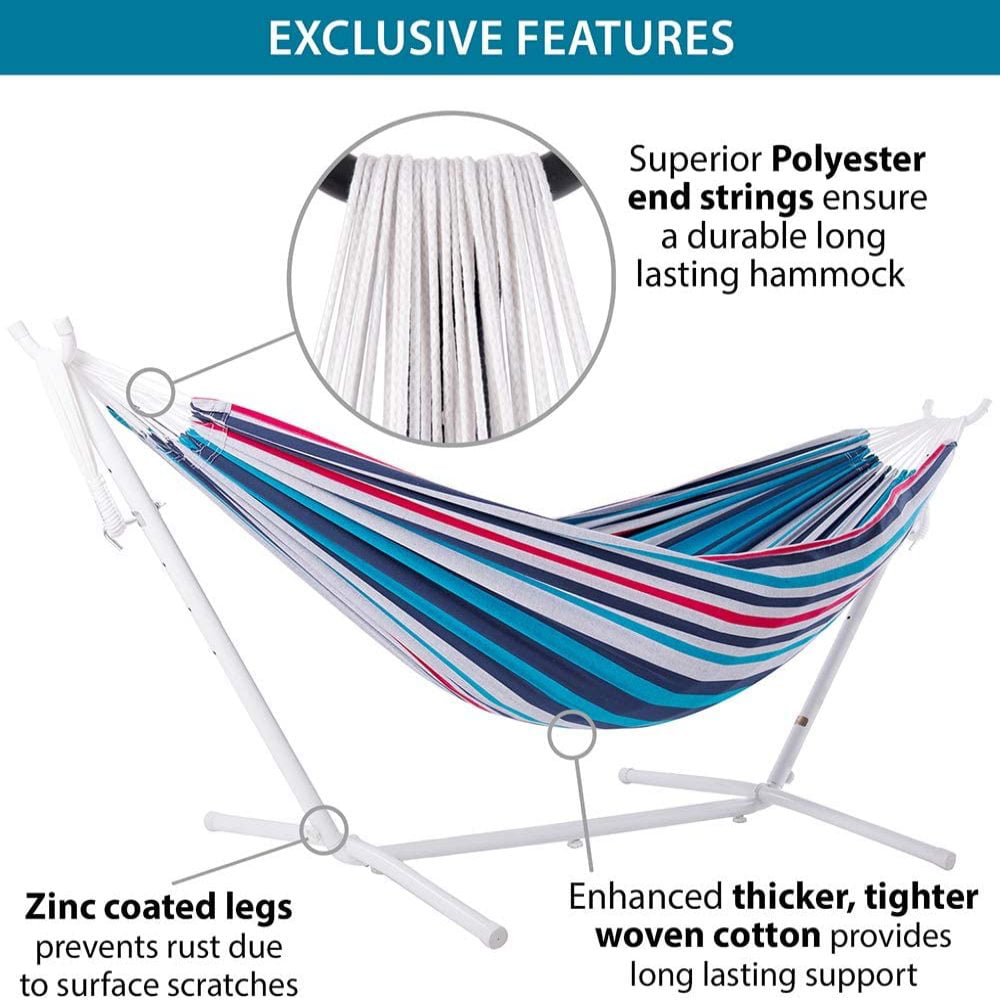 Vivere Double Cotton Hammock with Space-Saving Steel Stand Denim 