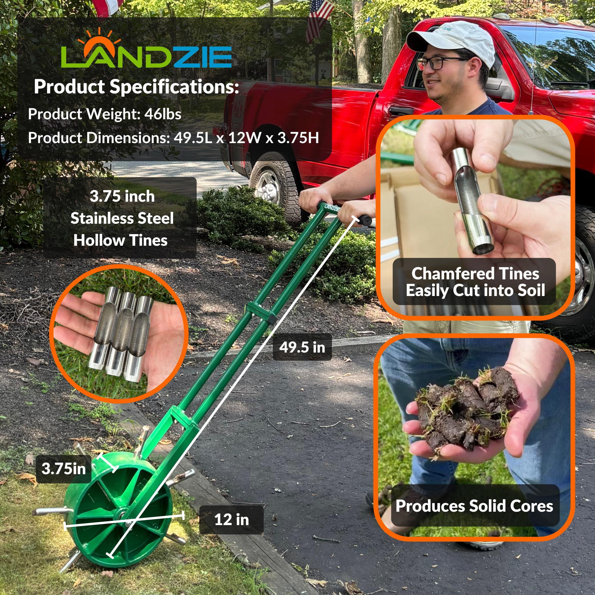 Landzie AeroCore Rolling Lawn Aerator – Manual Core Plug Aerator with Chamfered Hollow Tines – Heavy-Duty Aerator Lawn Tool for Grass and Soil – Push Yard Aerator Aeration Tool for Lawn Plugs