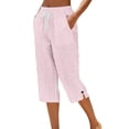 thumbnail image 3 of Women's Cotton Loose Straight Pants with Pockets, Mid Elastic Waist Drawstring, Side Slits Buttoned, Casual Business Beach Lounge Capri Pants | VerBelle,Pink L, 3 of 6
