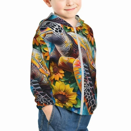 

Uemuo Sunflower Turtle Pattern Rash Guard for Boys Girls Long Sleeve Swim Shirts UPF 50+ UV Sun Protection Hooded Fishing Shirt with Pocket for Kid-2 Years