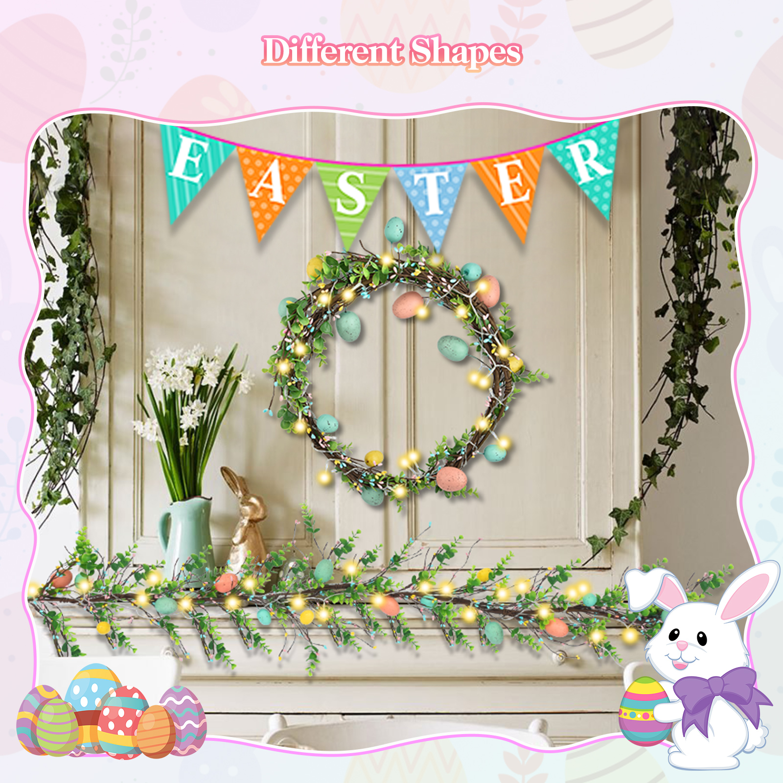 Easter Garland Spring Vine led Egg Light Rattan Artificial Eggs Garlands with Eucalyptus Leaf for Arch Home Holiday Party Mantle Fireplace Indoor Outdoor Festive Front Porch Decor - image 3 of 9