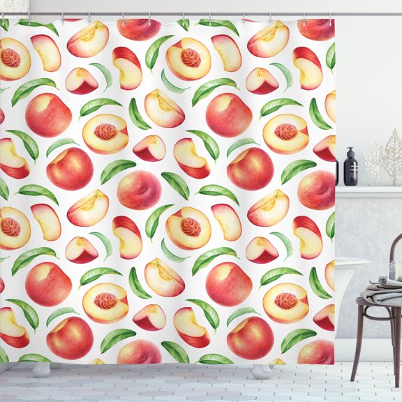 Ambesonne Peach Shower Curtain, Fruits Falling Green Leaves, 69"Wx70"L, Dark Salmon Pastel Yellow