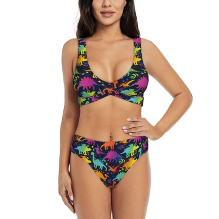 Zeuib Colorful Dinosaur High Waisted Tummy Control Bikini Set - Knot Front Push Up Top & Cheeky Thong Bottom  Two-Piece Swimsuit for Women-Medium